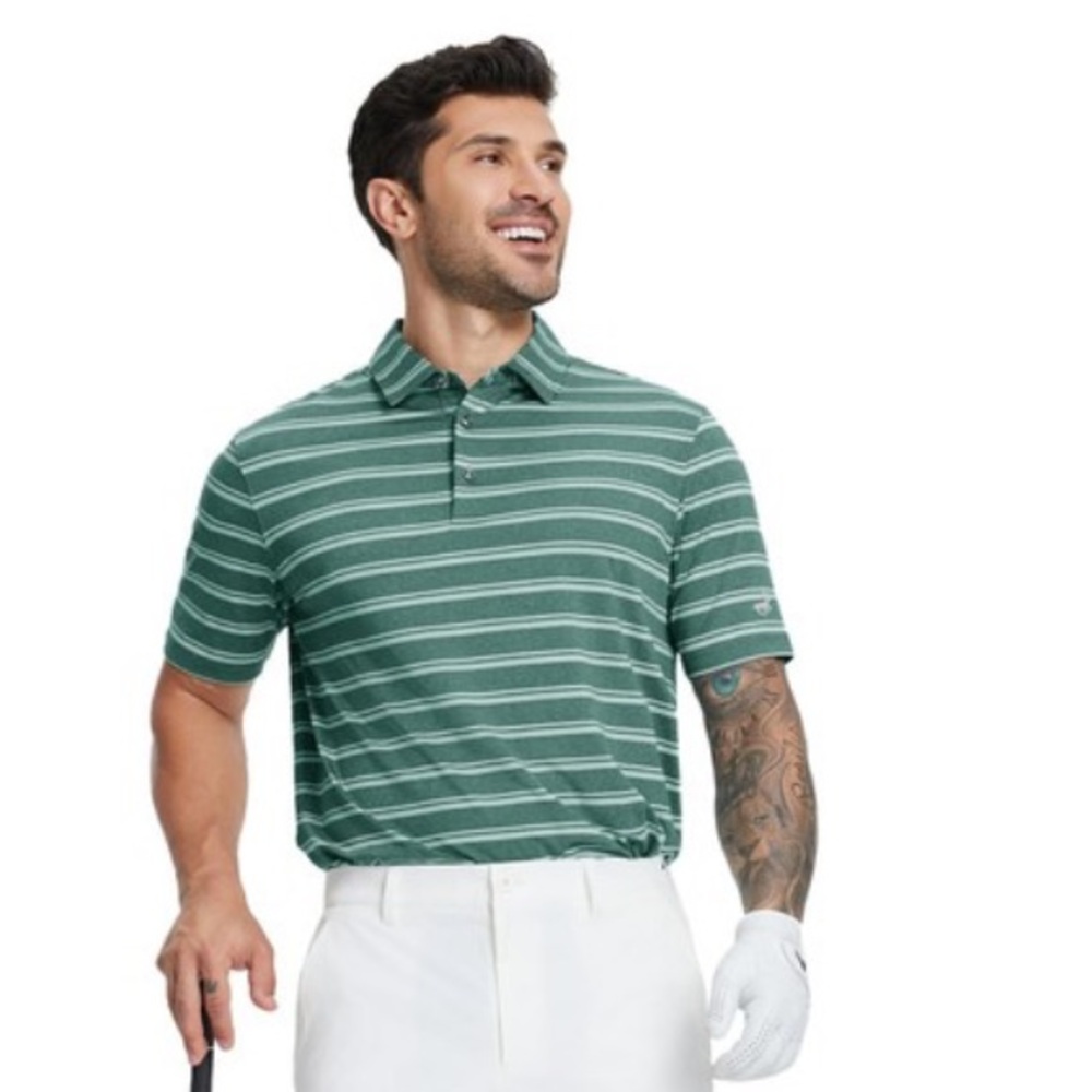 MICHEL ROUEN Polo Dark Green Shirt Dry Fit Moisture Wicking Striped Golf